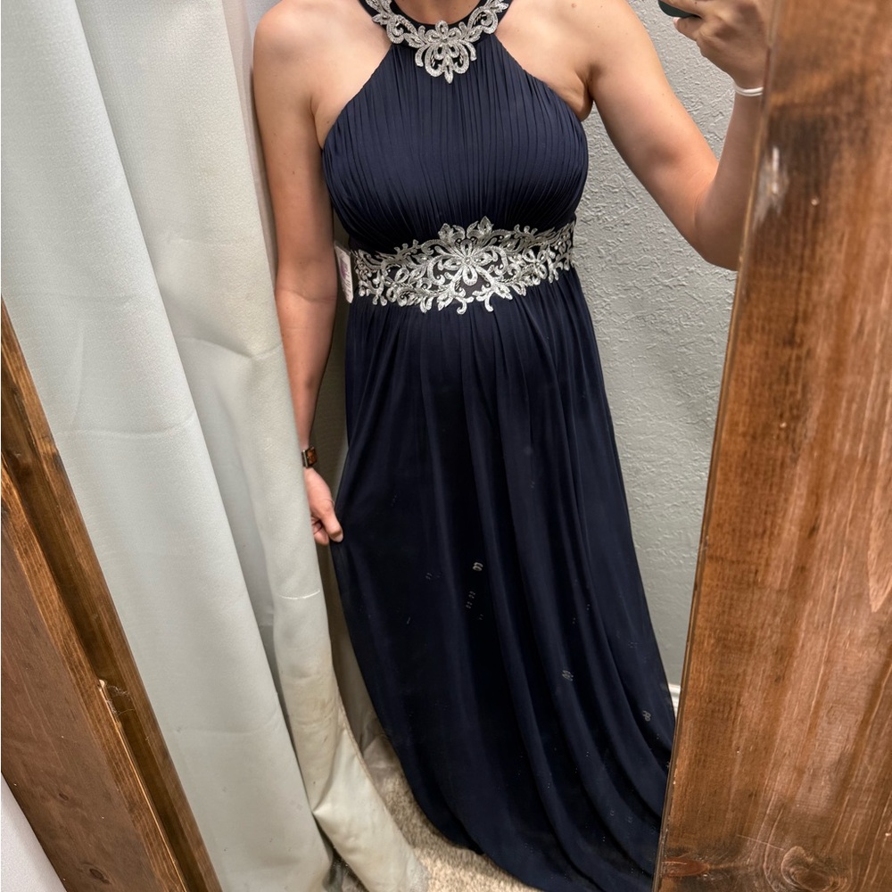 Betsy & Adam Navy (Bump Friendly) Maxi Dress with Silver Detailing